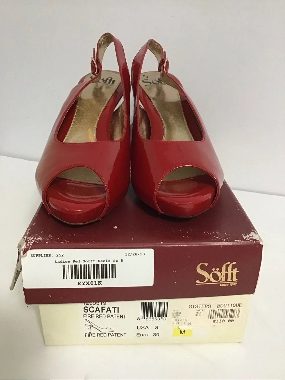 Sofft Red Patent Slingback Peep-Toe Heels with Stacked Heel